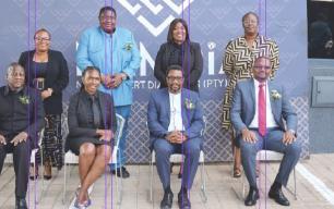 Mr. Moses Pakote (Executive Director, Ministry of Industries, Mines & Energy), Ms. Lelly Usiku (Acting NAMDIA CEO), Honourable Natangwe Ithete (Deputy Prime Minister and Minister of Industries, Mines and Energy), Mr. Justus Hausiku (NAMDIA Board Chairperson) Back: Ms. Selma Shimutwikeni (NAMDIA Board Director), Dr. Shihaleni Ndjaba (NAMDIA Board Director), Ms. Liina Muatunga ((NAMDIA Board Deputy-Chairperson), Ms. Kathleen !Naruses. (NAMDIA Board Director).